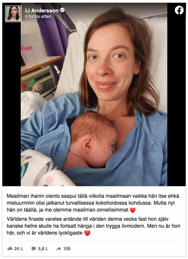 Li Andersson sai vauvan: 
