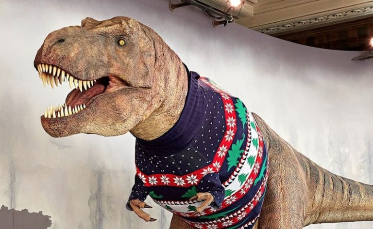 Oho! Tyronnosaurus Rexille puettiin jouluteemainen neulepaita – Kuva