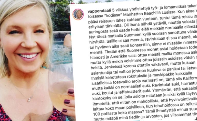 Jenkeistä kotiutunut Vappu Pimiä kauhistelee Suomen koronarajoituksia somessa: ”Kyllä suoraan sanottuna vähän hirvittää”